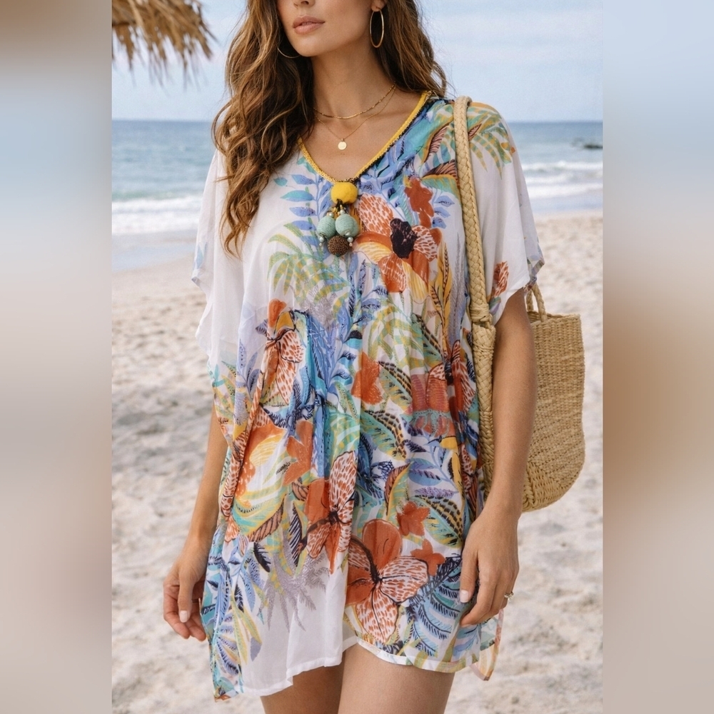 Violet Sky Tropical Kaftan Tunic Parrot Floral Boho Beach Cover Up Pom Pom